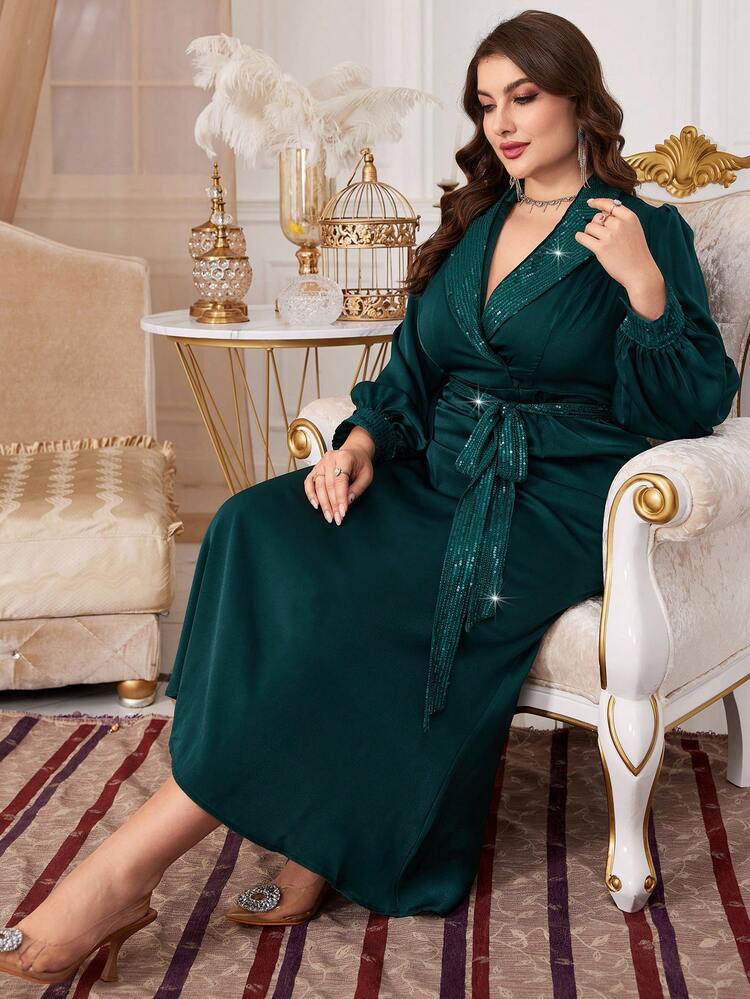 Plus Size Turn-Down Collar Belted Sequin Detail Dress Fall Cloth For Women