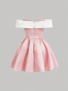 SHEIN MOD 女式拼色 A 字形连衣裙，正面饰有蝴蝶结 - 粉色 - 查看 2