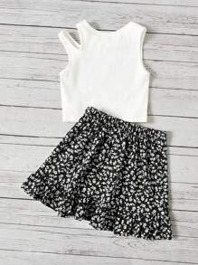 SHEIN Bộ đồ 2 món cho bé gái, gồm áo đơn sắc và chân váy họa tiết hoa. - trắng - Xem 2