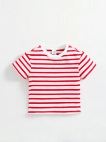 SHEIN Baby Boy Casual Striped Knitted Short Sleeve Top With Round Neckline