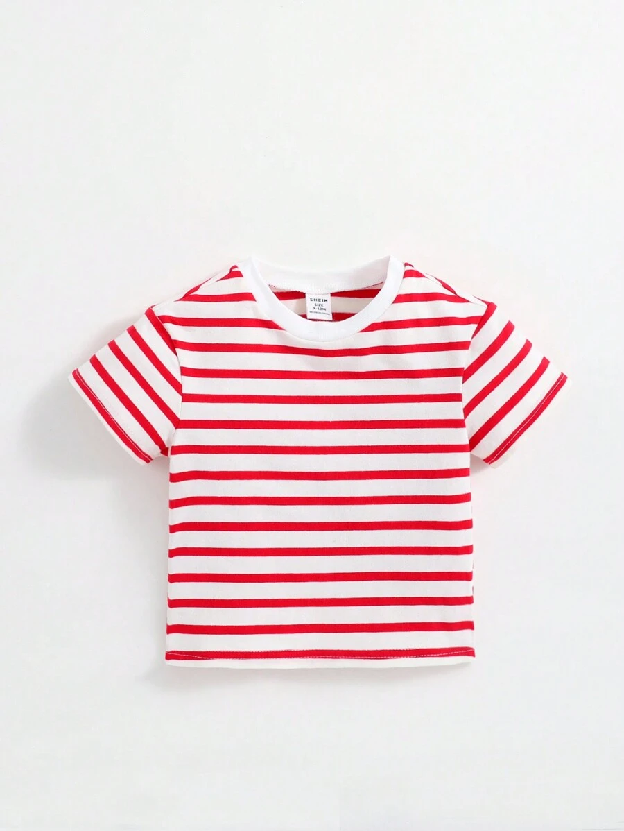 SHEIN Baby Boy Casual Striped Knitted Short Sleeve Top With Round Neckline