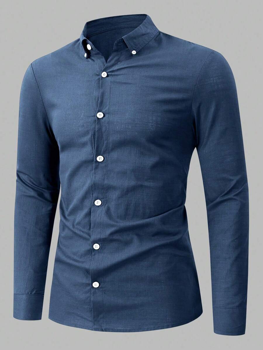 Manfinity Mode Men's Button Down Solid Color Long Sleeve Shirt, Fall - Navy Blue - View 1