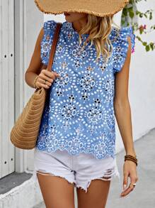 Breezaya Hollow Out Embroidery Decor Flying Flutter Sleeve Shirt - Blue - View 5