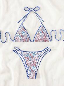 SHEIN Swim Summer Beach Floral Print Halter Triangle Bikini Set - Multicolor - View 5