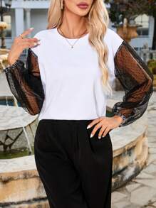 GENKIRA Contrast Mesh Round Neck Drop Shoulder Long Sleeve Shirt Fall Cloth For Women - Multicolor - View 1