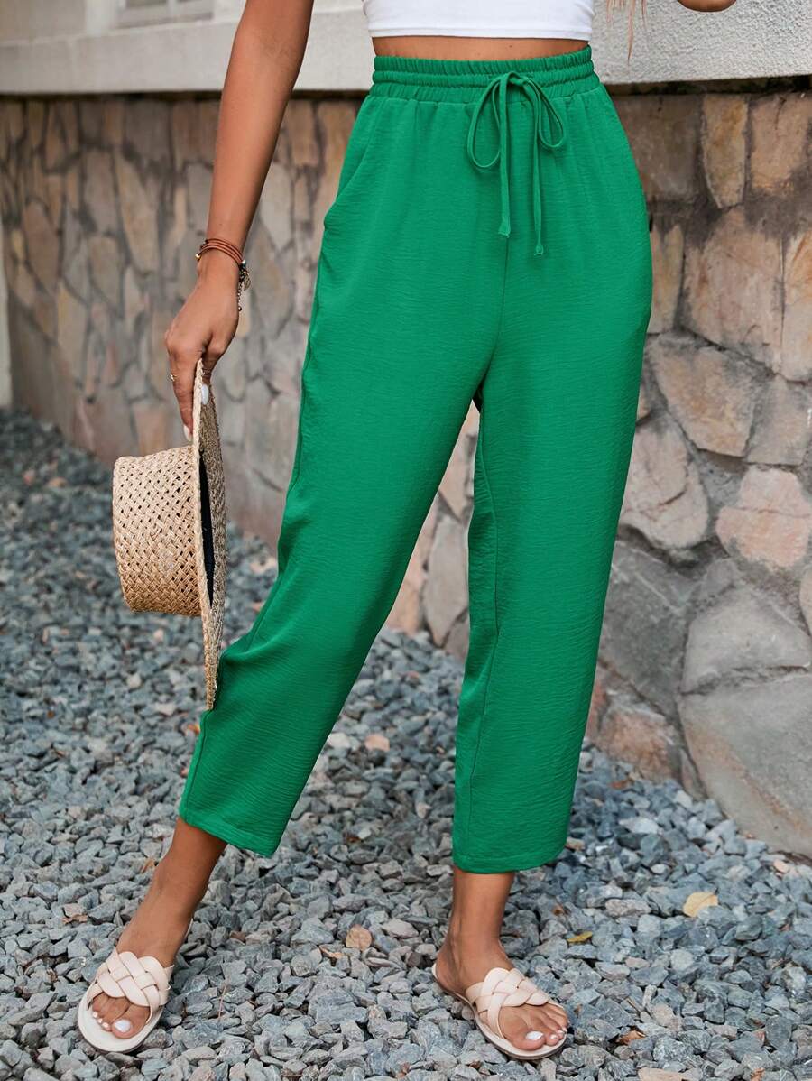 SHEIN Frenchy 女性夏季純色束腰紋理錐形褲 - 綠色 - 查看 1