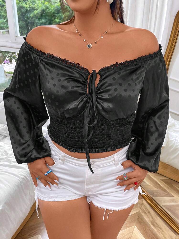 Plus Off Shoulder Lantern Sleeve Tie Front Shirred Hem Blouse