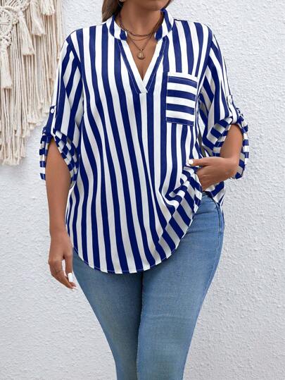 Calvaya Plus Size Striped Shirt With Notched Collar And Rolled-Up Sleeves, Summer