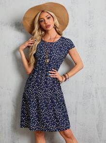 EMERY ROSE Vestido midi azul de manga corta y manga murciélago con estampado floral para mujer, vestidos de verano para mujeres