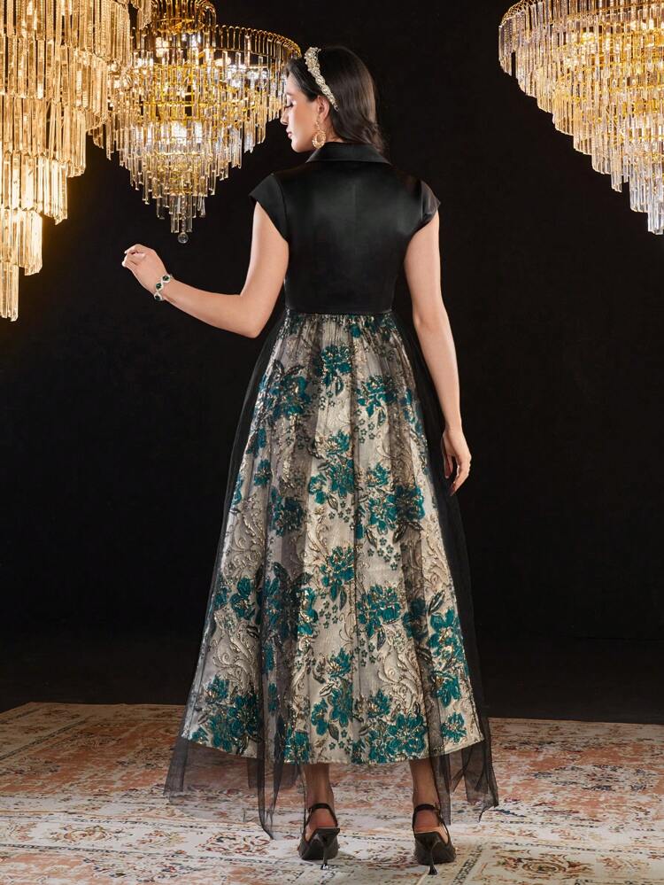 Jacquard Splice Mesh V-Neck Belted Dress,Elegant Evening Party Dress Long Evening Dresses