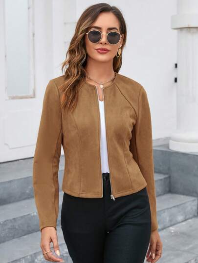 SHEIN Clasi Cazadora de mujer con cremallera frontal y cuello redondo, cazadora ligera de mujer de uso diario casual, de manga regular y ajuste regular, de color marrón claro liso, para primavera/otoño