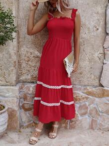 SHEIN Clasi Vestido De Alças Finas Com Ajuste De Renda Para Mulheres - Vermelho - Ver 6