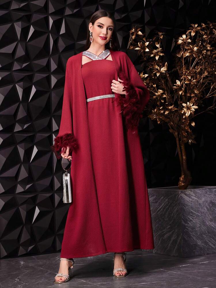 Burgundy Red Women's Solid Color Simple Style Diamond Decor Dress Coat 2pcs Set 2 Pieces Set