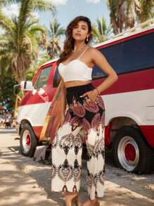 Breezaya Women's Solid Color Camisole Top And Printed Pants Set - White - View 3