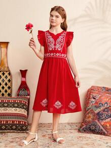 SHEIN Tween Girl's Loose, Cute, Conservative Vacation Cap Sleeve Paisley Printed Blouse And Solid Color Skirt Set