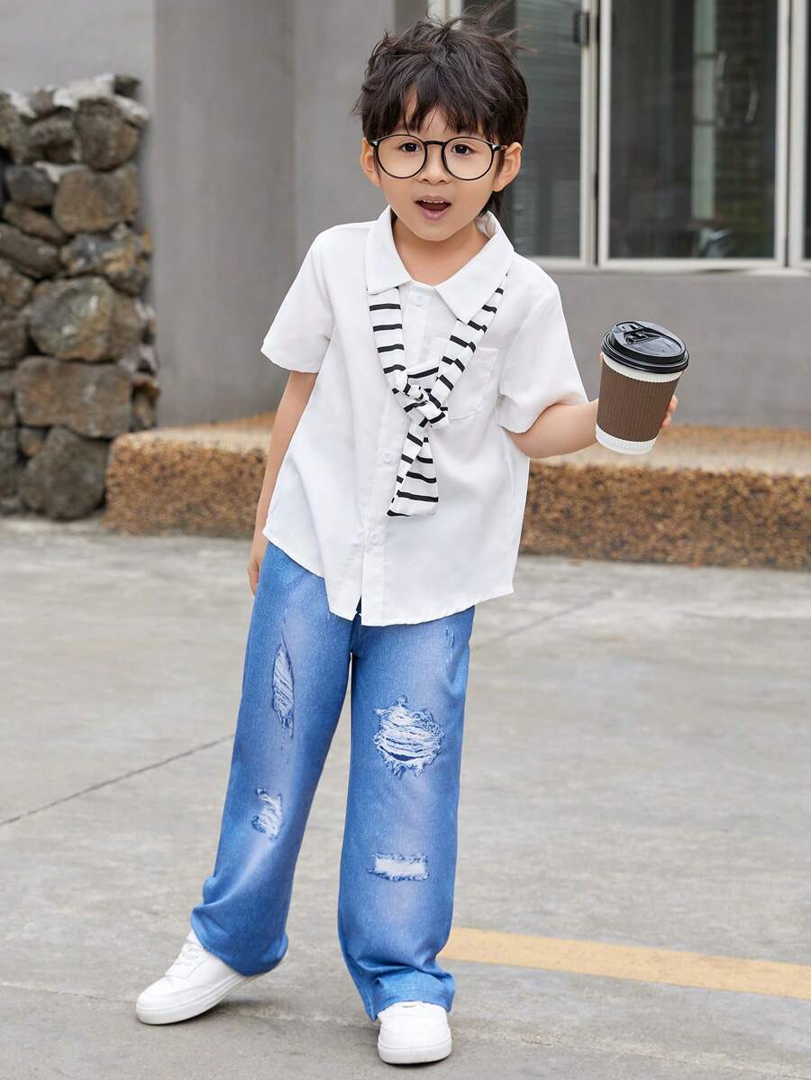 Young Boy's Effect Striped Shawl Collar Casual 3-Piece Set For Summer - Blue and White - View 1