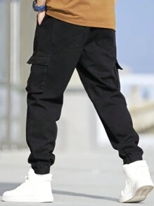 Manfinity Homme Men's Solid Color Drawstring Elastic Cuff Jeans With Pockets - Black - View 2