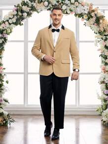Manfinity VCAY Men's Plus Size Color Block Lapel Collar Single Breasted Blazer, For Fall Winter - Camel - View 5
