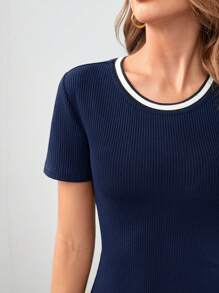 SHEIN Frenchy 女士圓領休閒荷葉邊時尚連衣裙 - 藏蓝色 - 查看 3