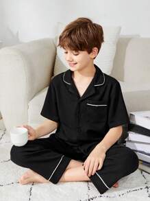 SHEIN 2pcs/Set Tween Boys' Casual Solid Color Knitted Short Sleeve Shirt And Pants Homewear With Collar - Black - View 1