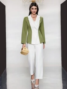 Seusyu 女士彩色拼接長袖西裝外套 - 白色 - 查看 4