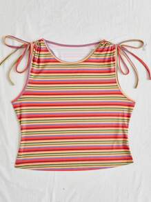Dreamara Plus Size Women's Colorful Striped Shoulder Tie Knot Tank Top