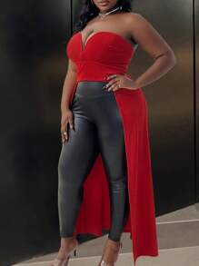 Slaydiva Áo ống hở vai màu đỏ ngày lễ tình nhân cỡ lớn gợi cảm, Áo đêm hẹn hò, Áo trễ vai - Đỏ - Xem 5