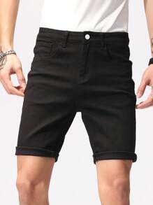 Manfinity Homme 男士基本款實色休閒卷邊牛仔褲 - 黑色 - 查看 4