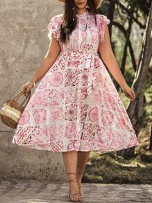 SHEIN Clasi Plus Size Women's Floral Print Double Layer Sleeves Dress - Multicolor - View 1