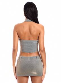 SHEIN BAE 女士銀色全息絲綢,偏光金屬質感裙子,有口袋,低腰寬腰帶,適合街頭與夜店裝扮 - 銀色 - 查看 2