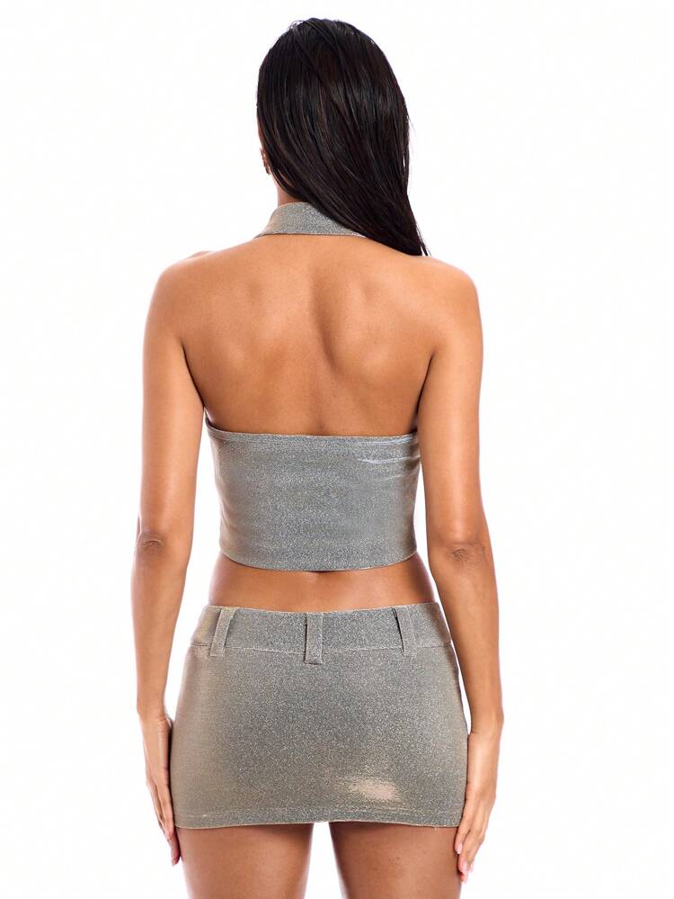 Women's Silver Holographic Silk, Polarized Metallic Texture Skirt With Pockets, Low Waist And Wide Belt, Sexy For Street & Nightclub Outfits