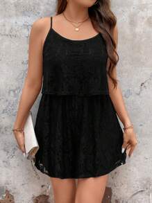 SHEIN LUNE Plus Size Women's Lace Up Waist Romper - Black - View 6