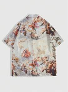 ROMWE MEN Street Life Men's Portrait Pattern Short Sleeve Shirt, School - Multicolor - View 2
