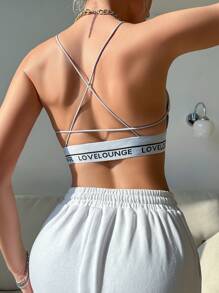 SHEIN 瑜伽女士文字印花背帶運動內衣，蕾絲邊緣 - 灰色 - 查看 2