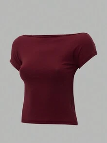 EURMUSE Quý cô Chất rắn Có màu sắc Cổ thuyền Không lưng Áo thun - Màu Đỏ Sâu - Xem 3