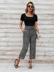 SHEIN LUNE Màu thuần Cổ vuông Thon gọn Áo thun Và Chấm bi In Thẳng Quần - Nhiều màu - Xem 5