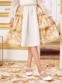 SHEIN Tween Girls' Loose & Cute Patchwork Fabric A-Line Skirt - Gold - View 1