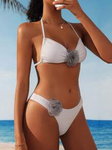 SHEIN Swim Women's Bikini Set With 3d Flower Decoration Summer Beach - Multicolor - View 5