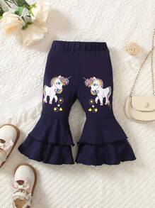 1條寶寶女孩休閒獨角獸和心形印花雙層波浪褲,夏日時髦街頭風格 - 寶藍色 - 查看 1