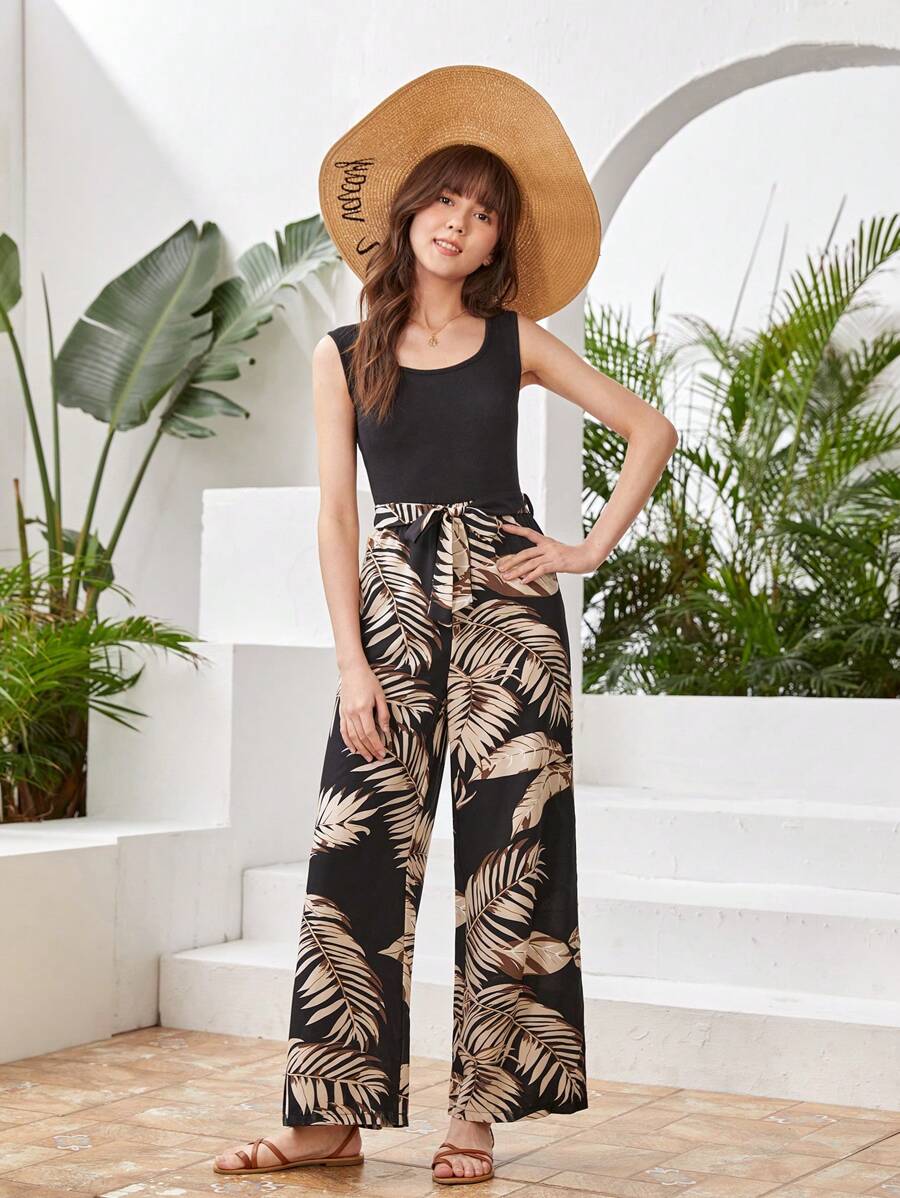 SHEIN Teen Girls' Tropical Print Splice Jumpsuit For Vacation - Black - View 1