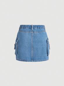 SHEIN Tween Girl Denim Utility Skirt With Pockets - Light Wash - View 2