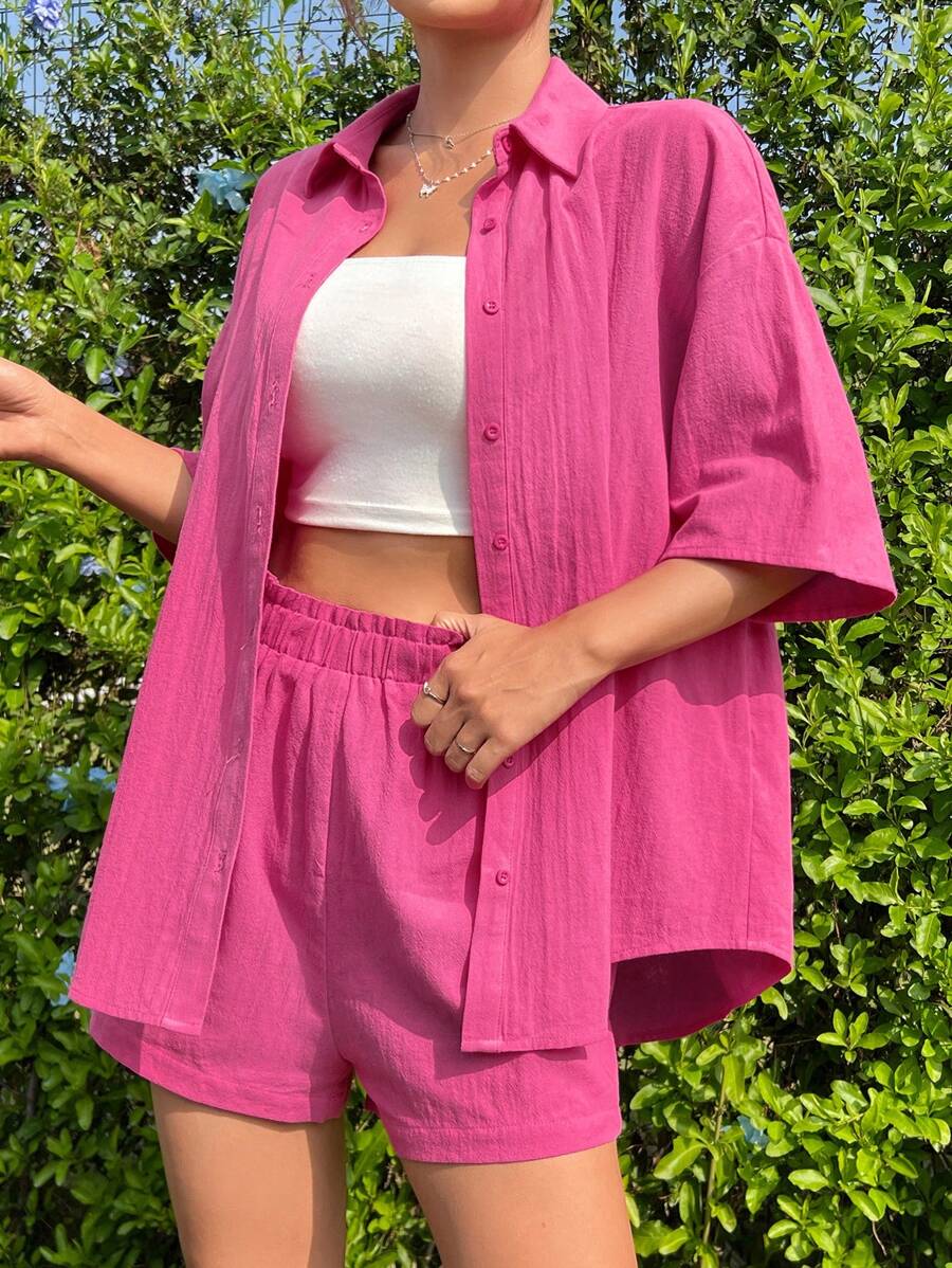 SHEIN EZwear Conjunto Rosa De Camisa Tejida De Botones Y Pantalones Cortos - Rosa Fucsia - Ver 1