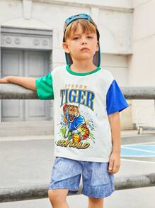 SHEIN Young Boys' Loose Fit Casual Round Neck Color Block T-Shirt With Letter Print