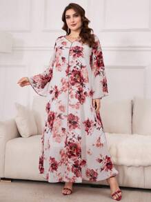 Al Najma Plus Size Women's Floral Print Modest Long Sleeve A-Line Abaya Dress, Chiffon Elegant Maxi Jalabiya