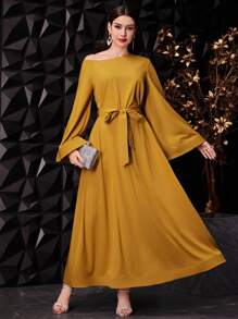 Modelyn Women's Asymmetrical Shoulder Flare Sleeve Belted Dress,Elegant Evening Party Dress Long Evening Dresses