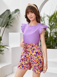 少女盖袖 T 恤和花卉印花短裤两件套 - 彩色 - 查看 6
