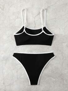 SHEIN Swim Bộ Bikini Thể Thao Màu Sắc Tương Phản Ràng Buộc Màu Sắc Tương Phản Bãi Biển Mùa Hè - Đen và trắng - Xem 3