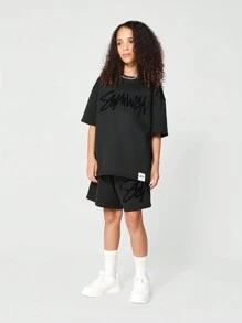SUMWON Tween Girls Oversized Short Sleeve Premium Tee With Flock Print