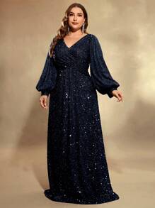 UNITHORSE Plus Size Lantern Sleeve Sequined Formal Dress Wedding Party - Navy Blue - View 1