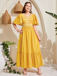 SHEIN Vestido De Punto Bordado Con Cuello En V Para Adolescentes - Amarillo - Ver 5